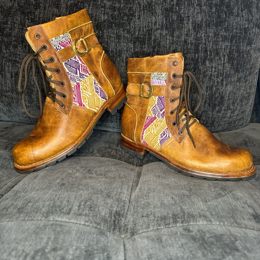 Genuine Light Brown Leather Boots With Textile Detail In U.S. W’s 12/ M’s 10.5